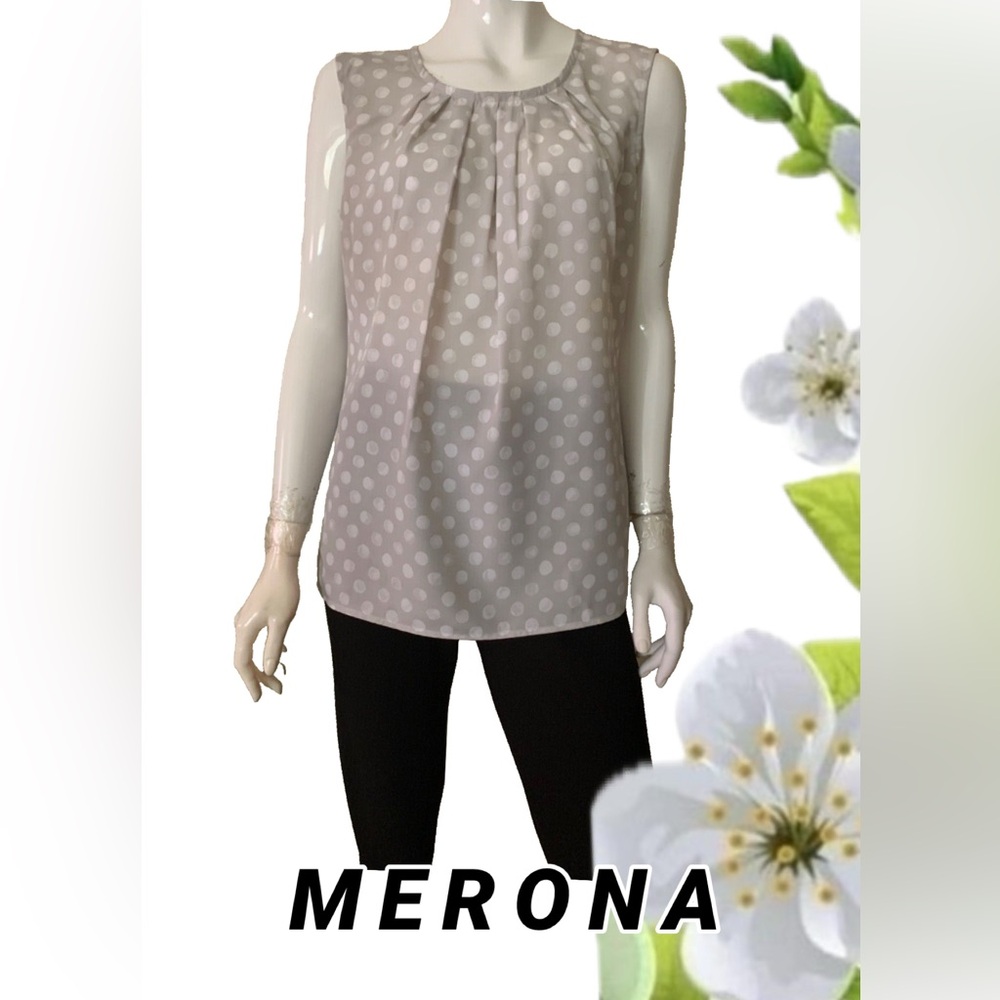 🩶Merona Gray & White Polka Dot Sleeveless Career Top Women’s Size M Semi Sheer
